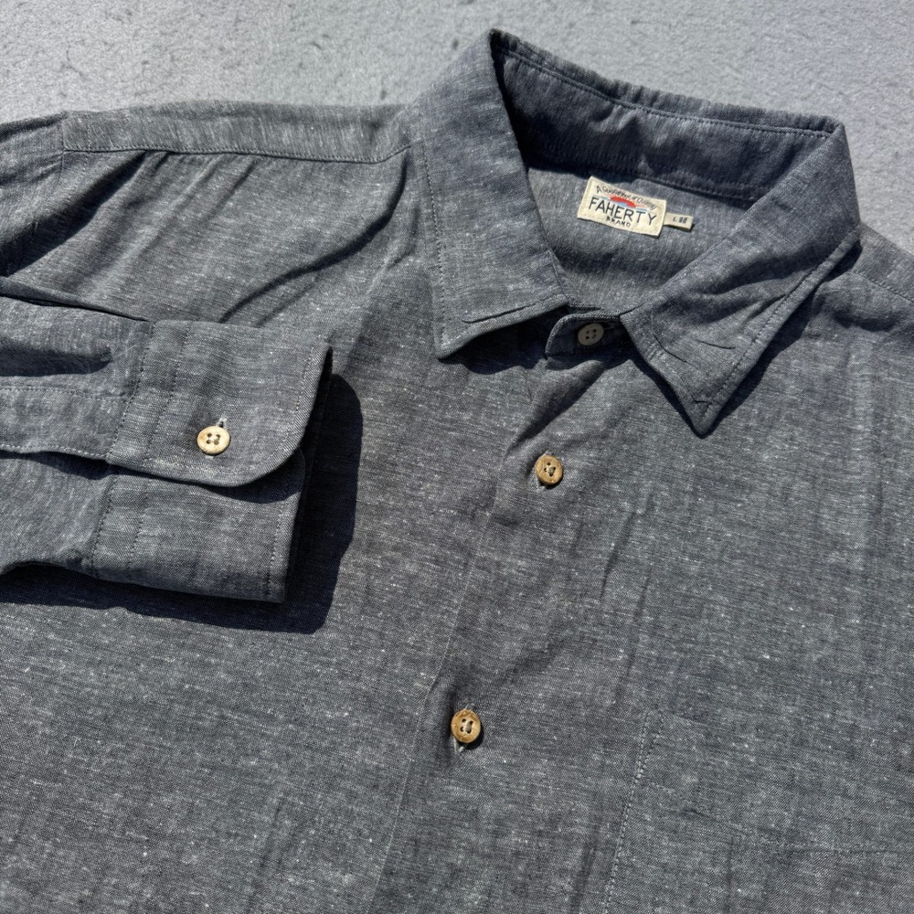 FAHERTY The Breeze Shirt Long Sleeve Men XL Grey Hemp Tencel Stretch Button Down